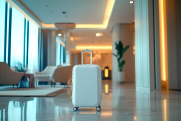 White suitcase standing in elegant hotel lobby, symbolizing tourism, travel, and hospitality