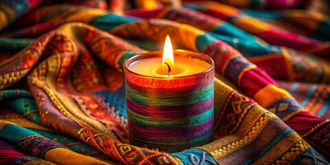 Vibrant Handcrafted Candle Illuminates Colorful Textile - High-Resolution Stock Photo