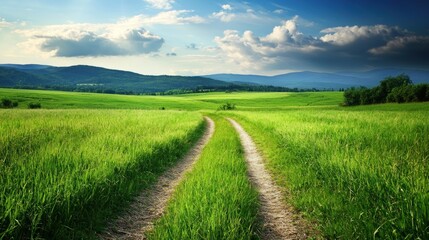 Obraz premium Serene Countryside Path: A Journey Through Lush Green Fields