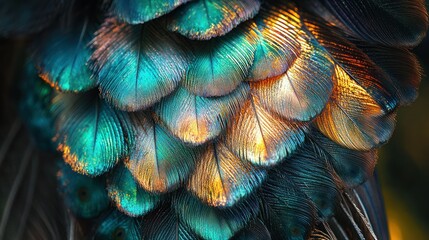 Obraz premium Detailed close-up of iridescent bird feathers, vibrant teal and gold. Background is dark, suggesting a natural habitat. Use Nature backdrop, textures, design inspiration
