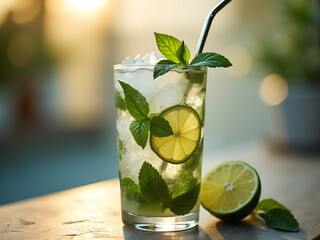 A Refreshing Mojito Cocktail with Lime and Mint in a Sleek Highball Glass, Perfect for a Summer Drink and a Tropical Vacation Mood, Enjoying the Vibrant Flavors