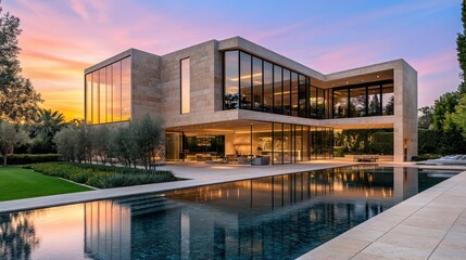 Obraz premium Modern Mansion Pool Sunset California Luxury Estate