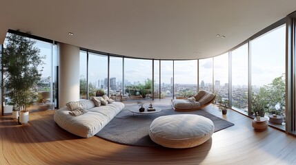 Fototapeta premium Modern Luxury Apartment Panoramic City View Spacious Living Room Beige Sofa Wooden Floor Large Windows Natural Light Minimalist Design Comfortable Furniture Elegant Interior Architecture Contemporary 