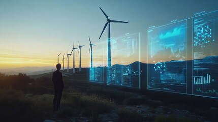 Silhouette Businessman Wind Turbines Sunset Energy Technology Data Visualization Sustainable Future Clean Power Renewable Resources Environmental Protection Global Innovation Digital Transformation   