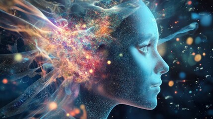 Abstract digital art of a woman's head, energy bursts from her mind