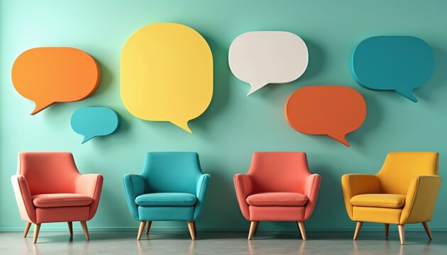 Conceptual visual of communication, discussion. Speech bubbles represent forum. Colorful chairs stand below on blue-green wall. Collaboration, brainstorming, idea exchange, networking, teamwork