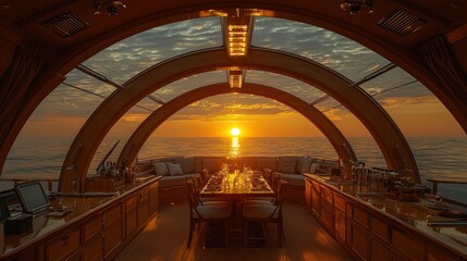 Obraz premium Luxurious yacht dining room at sunrise