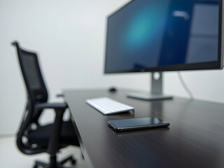 A Sleek Silver-Framed Hi-Tech Smartphone with a Bright Screen Displayed on a Modern Desk Setup, Alongside a Keyboard and Large Monitor, Representing Digital Lifestyle