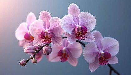 Obraz premium Lovely 3D orchid with subtle gradient. Pink, purple blooms, phalaenopsis flowers. Floral blossom isolated on blue background. Nature beauty, spring, botany decoration, macro shot.