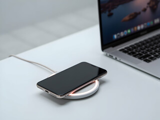 A sleek smartphone charges wirelessly on a white pad next to a laptop, showcasing modern technology and convenience in a minimalist workspace setting