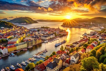 Vintage Aerial View of Bergen Old Town & Nordnes Peninsula, Norway