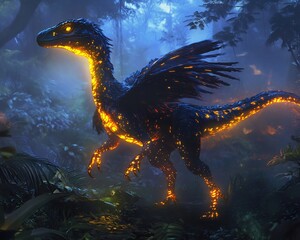 Fototapeta premium Glowing velociraptor bioluminescent feather prowling through dense foggy jungle vivid reflection radiant plumage light up mist blending nature beauty surreal sense of danger dramatic prehistoric