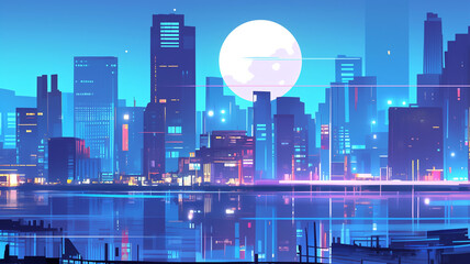 Fototapeta premium 満月とネオンが彩る都市夜景の美麗イラスト｜レトロアニメ調の高層ビル群と密集した市街地を描いた幻想的な風景｜シティポップ・昭和アニメ・背景素材に最適な作品