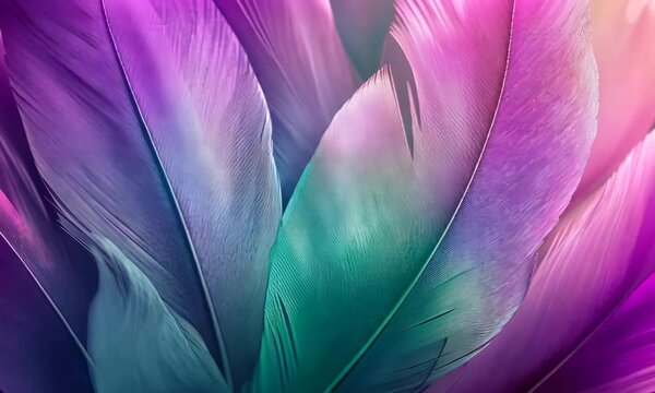 Iridescent Feathers with Purple Pink and Teal Gradient Soft Texture Abstract Design Artistic Element in a Macro Closeup for Background