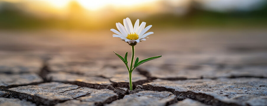 resilient flower blooms in cracked earth, symbolizing hope and perseverance