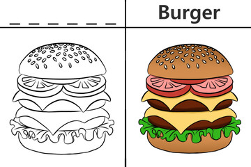 Burger coloring pages for kids and learn to recognize letters, food recognition cards, media for various games in early childhood learning 