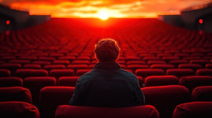 Person sits in an empty theater watching a bright, red sunset on stage