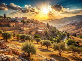 Vintage Palestine Landscape: Sun-Drenched Hills and Olive Groves