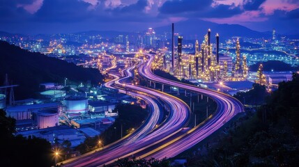 Fototapeta premium Night Lights of Industrial Cityscape: A Symphony of Lights and Motion