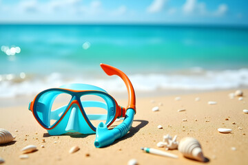 A Vibrant Diving Scene, Colorful Mask and Snorkel on Sandy Beach with Turquoise Sea and Bright Sky, Perfect for Summer Getaway and Water Sports Imagery