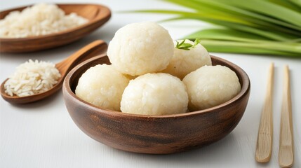 Fototapeta premium Rice balls wooden bowl, tropical leaf background, food photography, Asian cuisine