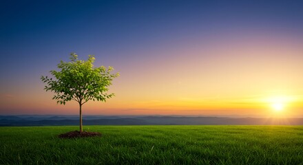 Obraz premium Sunrise illuminates lone sapling field. AI Generated