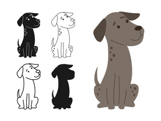 Dog illustration set. Vector illustration of a cartoon dog color, silhouette, outline, black and white and minimal line art. Friendly pet simple design. Sign adorable domestic pedigree animal vector