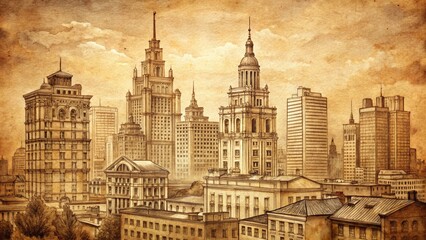 Fototapeta premium Vintage Skyline Drawing, Cityscape Illustration, Retro Urban Art, Hand Drawn City Panorama, Old Paper Texture