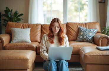 Fototapeta premium Young woman uses laptop at home. Attractive female works remotely, studies on laptop. Indoor life. Comfort and modern tech create domestic workspace. Remote work, online education.