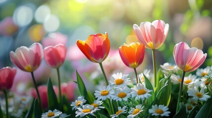 Obraz premium Sunlit tulips, daisies, garden, spring, bokeh background, floral design