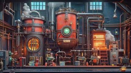 Steampunk Industrial Powerhouse: A Glowing Heart of Innovation