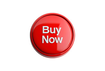 Obraz premium A glossy red button with white text invites customers to buy now isolated on transparent background