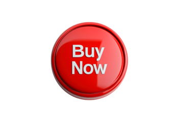 A glossy red button with white text invites customers to buy now isolated on transparent background