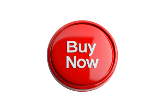 A glossy red button with white text invites customers to buy now isolated on transparent background