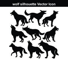 Simple vector illustration of a wolf and a dog in black and white silhouette.