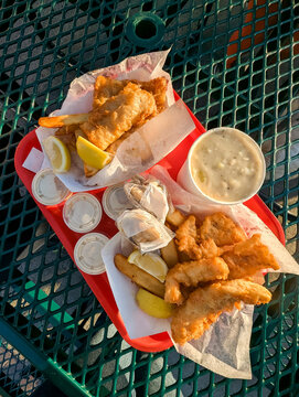 Fried fish and chips and clam chowder