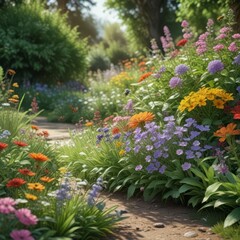 Naklejka premium A serene garden border with a variety of summer flowers, surrounded by buzzing insects and gentle foliage , meadow scene, nature photography, floral arrangements
