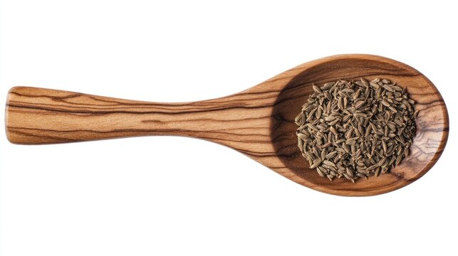 Wooden spoon, cumin seeds, isolated, white background, cooking ingredient