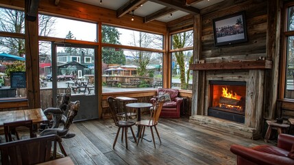 Fototapeta premium Cozy cafe interior with fireplace and patio view