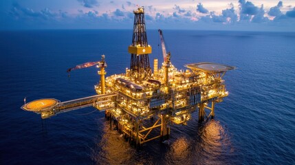 Obraz premium Offshore Oil Rig at Dusk: A Majestic View of Industrial Power