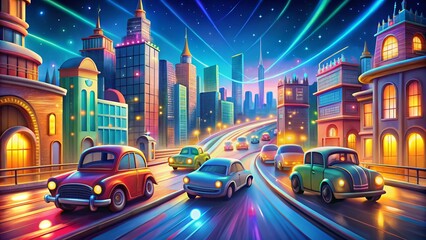 Naklejka premium Whimsical Cartoon Cars Light Trails, Long Exposure Night Photography