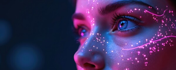 Close-up female eye with a biometric eye scan concept. Digital cyber tech with a colorful facial recognition interface, pink laser lines over blue eye. Futuristic digital concept.