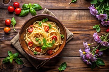 Aromatic pasta dish with fresh herbs and cherry tomatoes, served in a rustic wooden bowl, garnished with vibrant blossoms on a wooden table