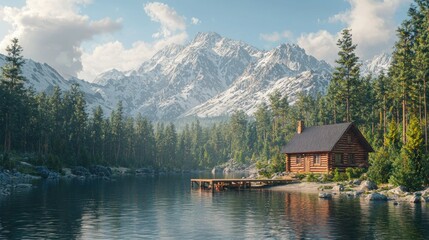 Fototapeta premium Lakeside Cabin, Snowy Mountains, Peaceful Scene
