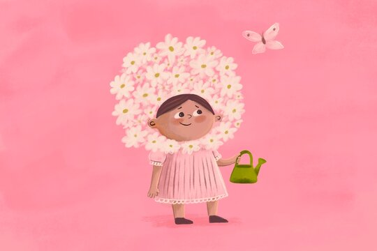 Spring concept with a cute girl and flowers on her head