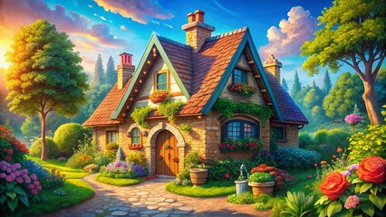 Fototapeta premium Whimsical Granny's Cozy Cottage: Charming Cartoon Architectural Photo