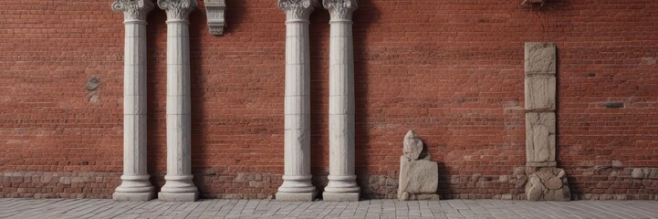 Obraz premium Classic red brick wall with ornate details and stone columns, vintage, columns, classic