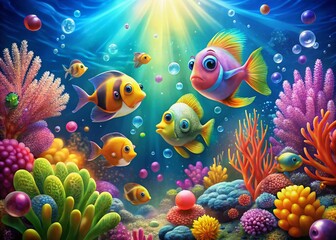 Fototapeta premium Whimsical Underwater Cartoon World: Colorful Fish & Bubble Fun Stock Photo