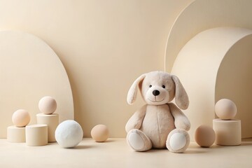 A plush canine toy sits serenely amidst minimalist beige spherical and cylindrical forms, creating a calming and aesthetically pleasing scene.