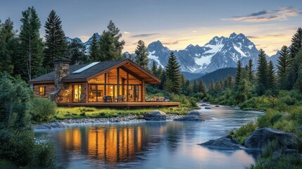 Fototapeta premium Mountain Cabin by River at Dusk